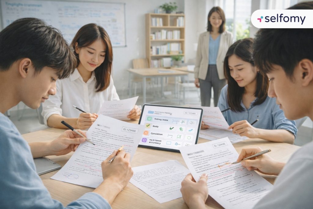 Học viên chấm chéo bài nhau vừa giúp giáo viên tiết kiệm thời gian, vừa giúp học viên học được từ lỗi sai của người khác