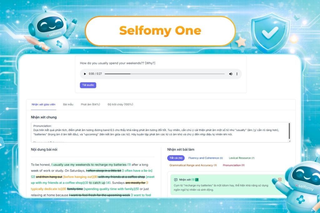 Selfomy One là công cụ hỗ trợ chấm Speaking top đầu phù hợp cho các trung tâm Anh ngữ muốn ứng dụng AI
