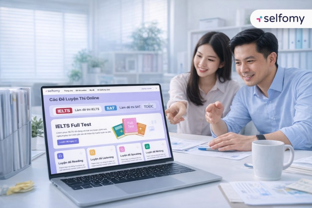 Các nền tảng thi thử như Selfomy One hiện nay tích hợp sẵn một ngân hàng đề phổ biến
