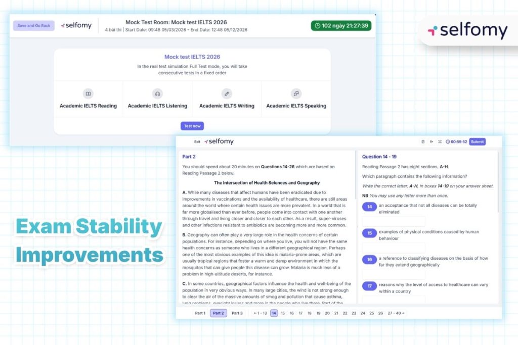Smoother than ever: Selfomy One's virtual exam room has been re-engineered for stability - question transitions are instant, audio never freezes, and drag-and-drop responses are saved reliably