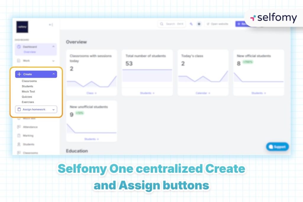 One click to do it all: the new "Create" button gives teachers instant access to every key action - class setup, student enrollment, exam room configuration, and content creation - without navigating complex menus