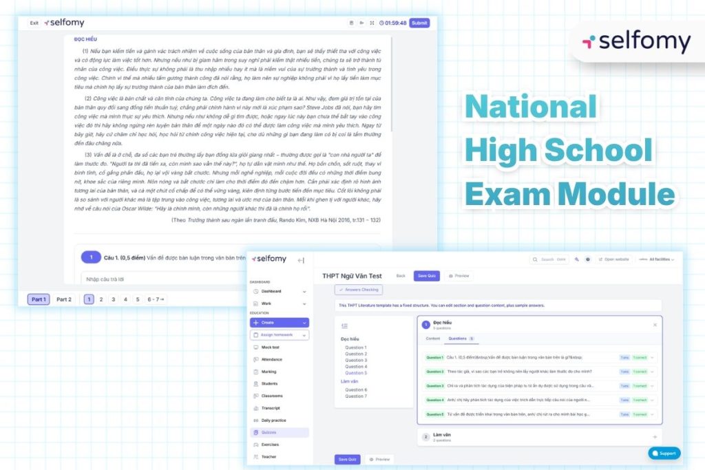 Selfomy One now supports full-scale national exam preparation: design structured mock tests with multiple choice, true/false, and essay formats - complete with subject combination management and a dedicated essay grading tool